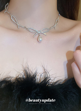 镶钻蝴蝶结珍珠项链时尚个性气质小众锁骨链百搭轻奢颈链配饰