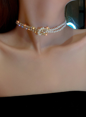 韩国ins风简约个性项链镶钻珍珠拼接短款颈链网红气质设计感项饰