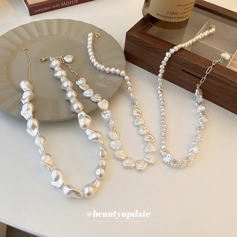 韩国个性潮流不规则珍珠爱心吊坠项链时尚设计感锁骨链气质项饰女