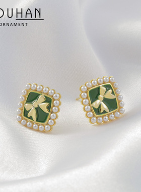 东大门气质耳环女S925银针小众设计感祖母绿耳饰个性蝴蝶结耳钉潮