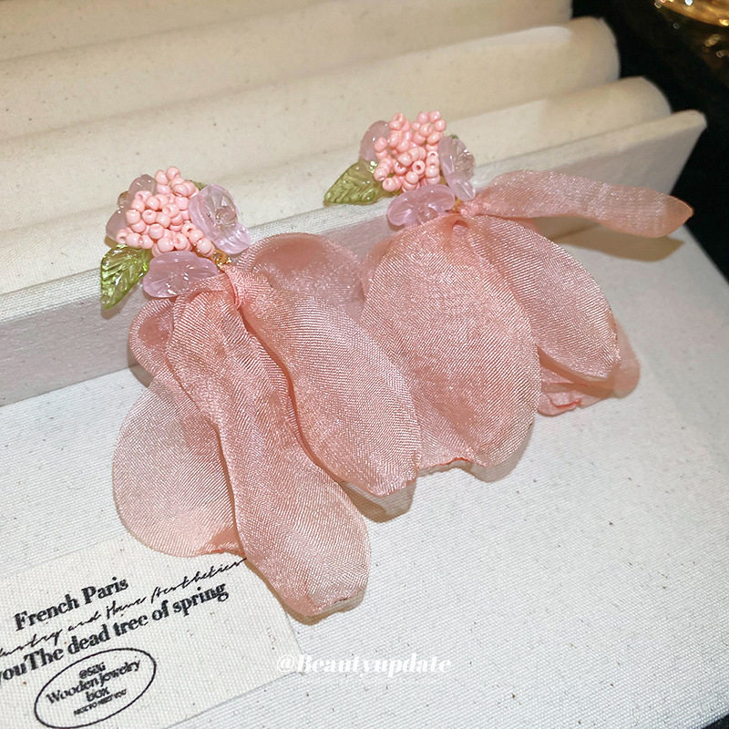 银针米珠布艺网纱花朵耳环少女百搭耳钉耳坠温柔甜美气质耳饰