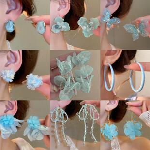 银针薄纱花朵流苏耳钉清新森系薄荷绿超仙耳环小众夸张设计感耳饰