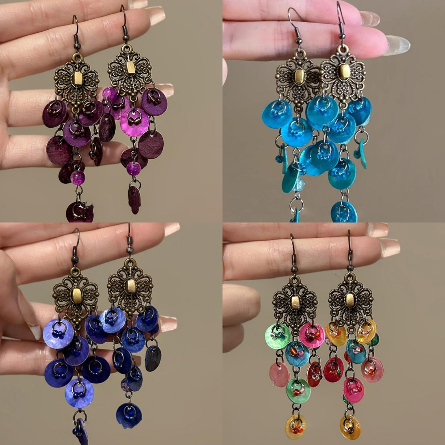 波西米亚复古绚丽贝壳耳环长款流苏百搭度假风气质宫廷耳坠耳饰女