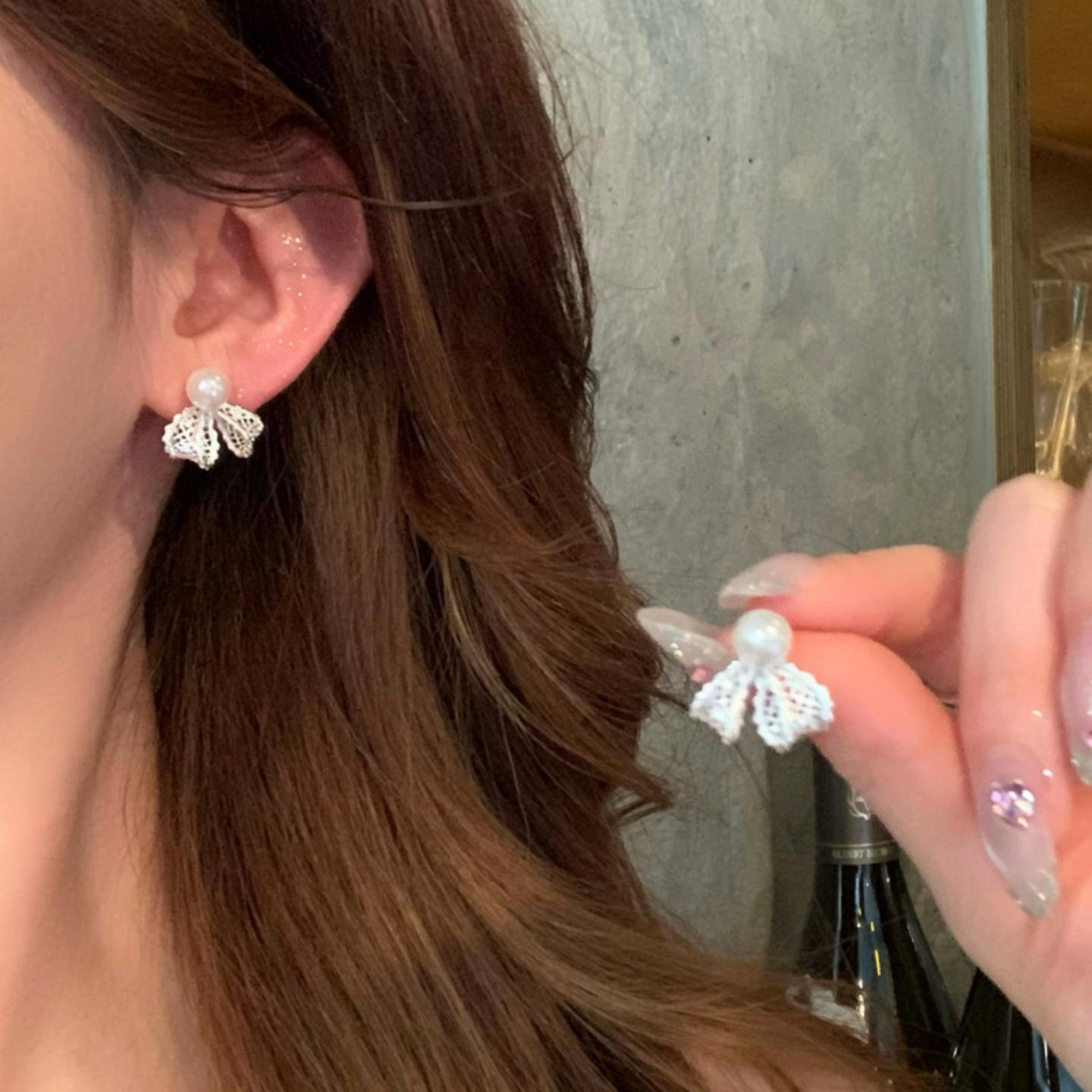 超仙公主风蕾丝蝴蝶结珍珠耳环女