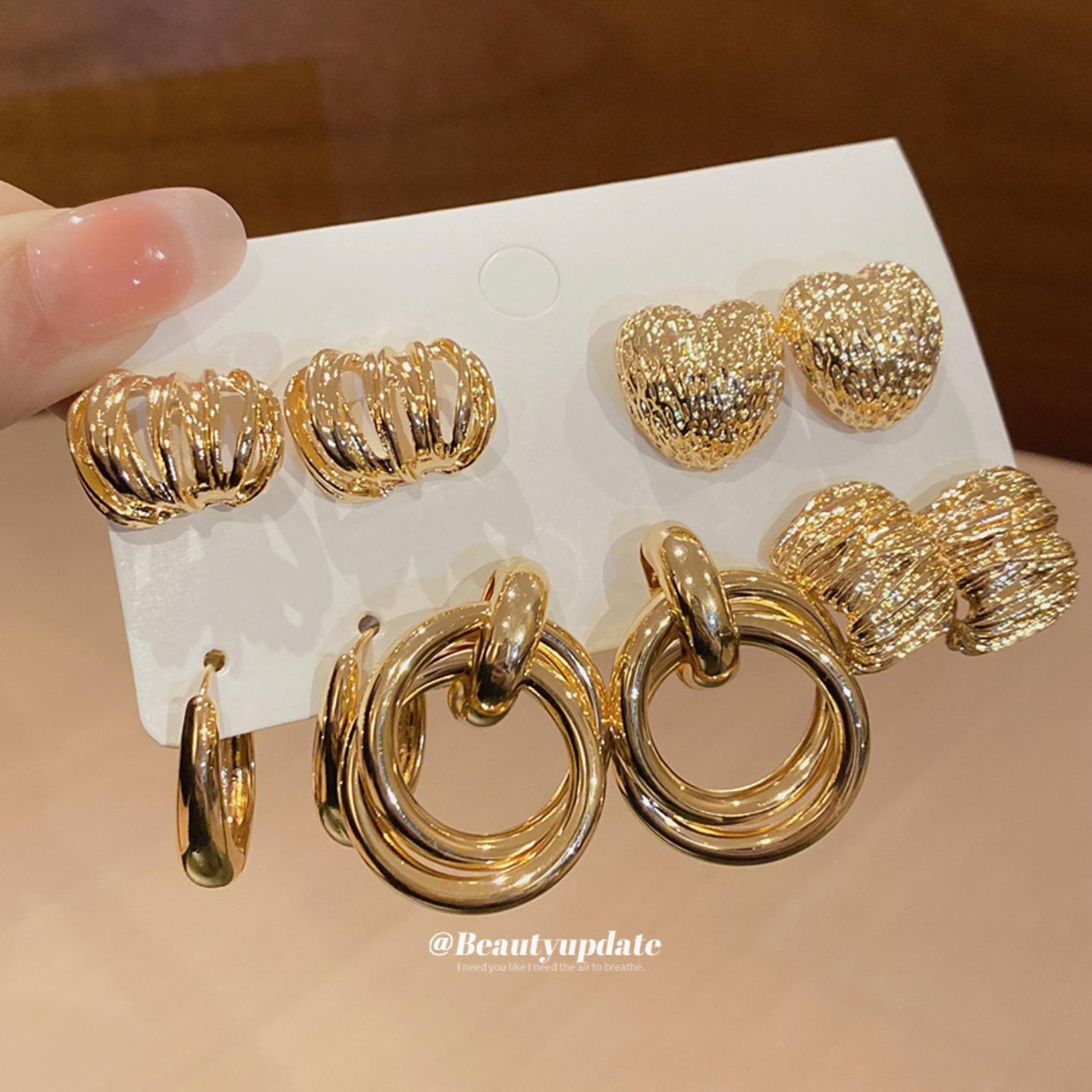 银针金属褶皱几何耳钉套装欧美