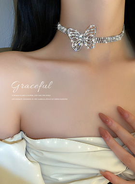 欧美时尚夸张个性镶钻蝴蝶短款项链颈链网红气质设计感锁骨链项饰