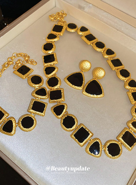 中古黑色撞色几何耳环手链项链套装轻奢气质手环复古通勤饰品配饰