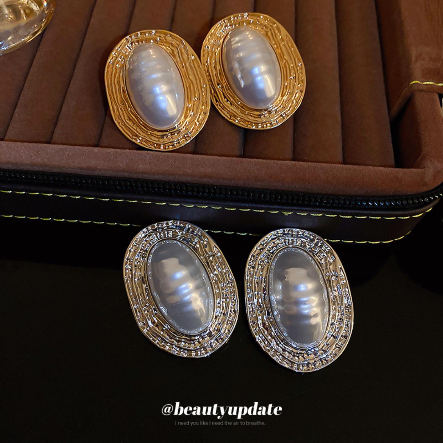 银针褶皱条纹椭圆珍珠耳环复古时尚高级感耳钉个性夸张中古风耳饰