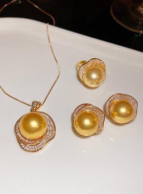 中古锆石花朵珍珠项链耳环戒指套装时尚百搭锁骨链轻奢高级感饰品