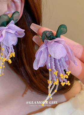 银针花朵串珠流苏耳环小清新田园风耳钉小众潮流耳坠耳饰新款