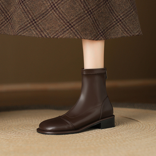 3.5cm时尚粗跟短靴女秋冬款英伦复古瘦瘦靴百搭女靴加绒大码4243