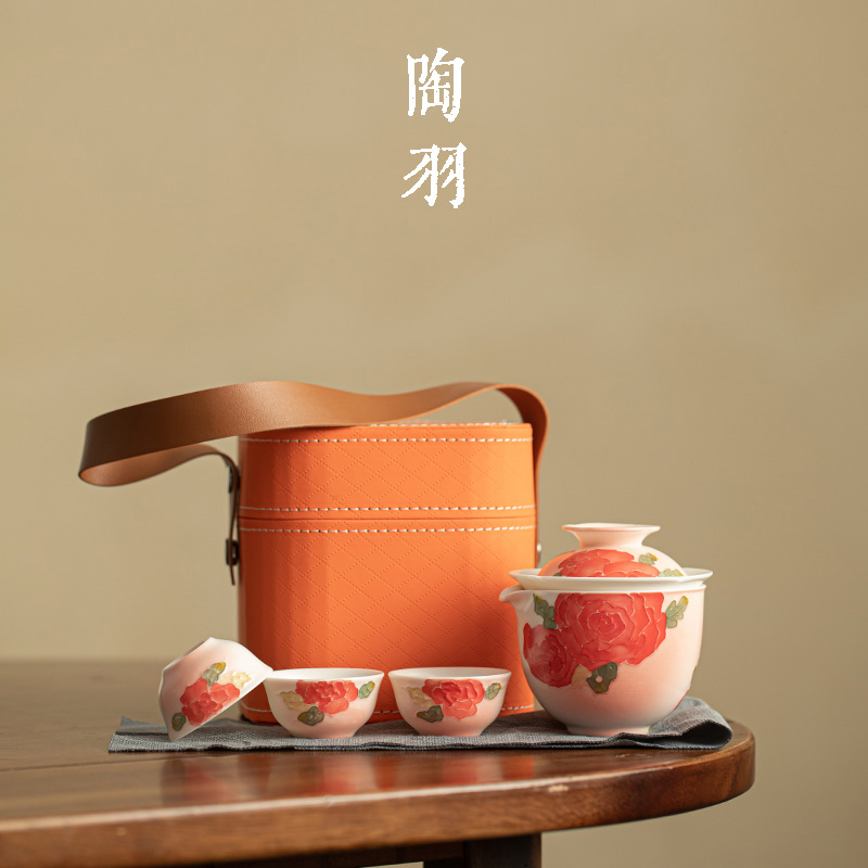 白玉汝手绘月季快客杯一壶三杯