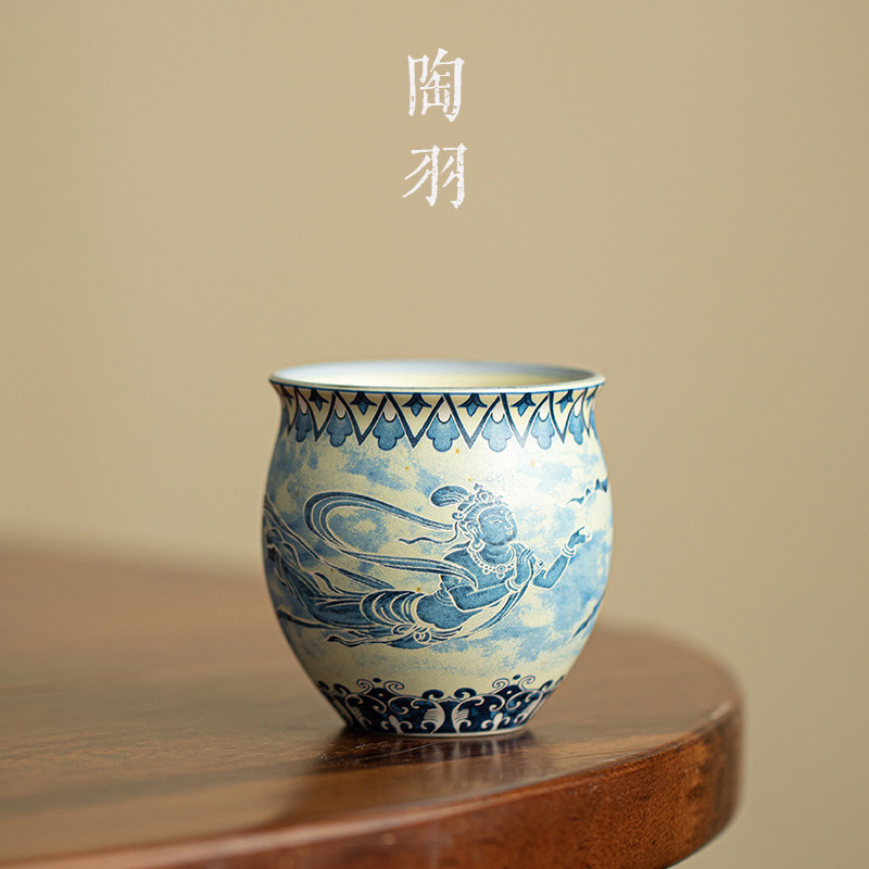 青花火石红敦煌飞天束腰杯家用防烫陶瓷茶杯功夫茶具单个品茗杯