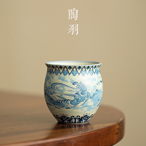 青花火石红敦煌飞天束腰杯家用防烫陶瓷茶杯功夫茶具单个品茗杯