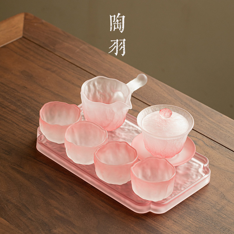 云涌上神盖碗玻璃茶盘小套组琉璃粉家用耐热玻璃茶碗功夫茶具套装