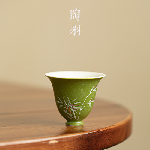岩矿白抹茶绿堆白竹影摇青铃兰杯家用防烫陶瓷茶杯功夫茶具品茗杯