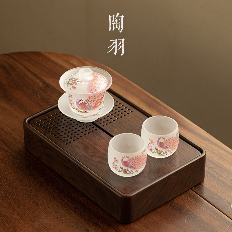 磨砂琉璃雀戏繁花盖碗小套组浮熙茶盘简装家用功夫茶具三才泡茶碗