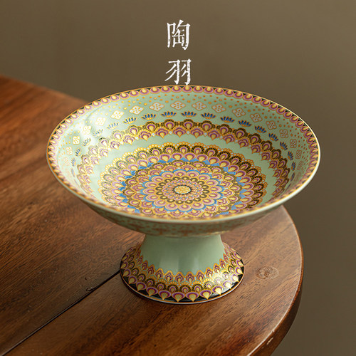 仿古珐琅彩圣律高足大号果盘家用陶瓷茶点盘功夫茶具零食水果盘