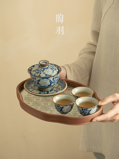 采购产品汝窑元青花悬停三杯盖碗，一壶，三杯，家用陶瓷茶碗，茶