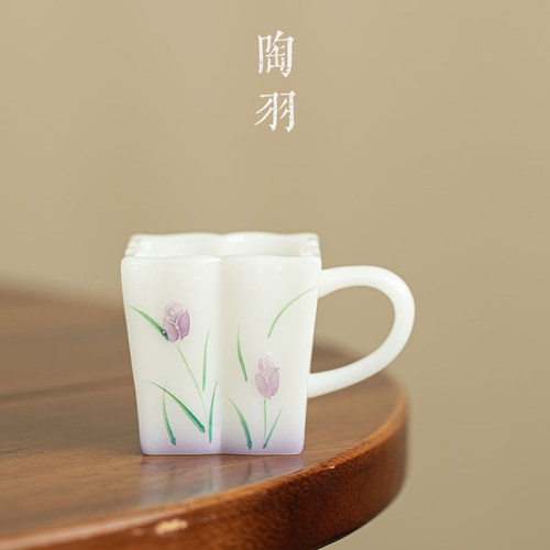 冰种璞玉瓷郁金香小耳把四方杯家用手绘陶瓷茶杯功夫茶具品茗杯