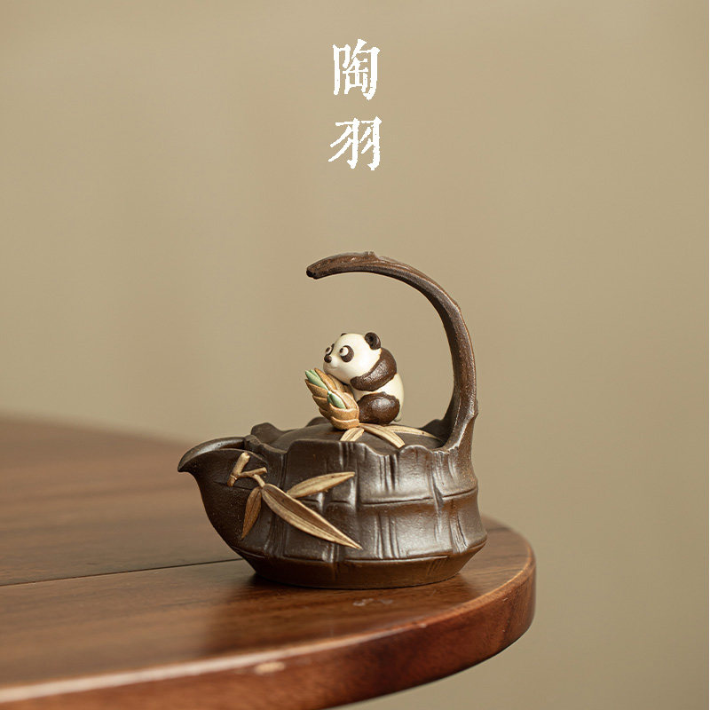柴烧抱竹憨熊半提梁壶家用中式茶壶高档泡茶壶防烫功夫茶具泡茶器