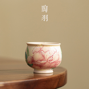 苏打烧富贵牡丹鼓形杯家用陶瓷茶杯单杯主人杯功夫茶具个人水杯