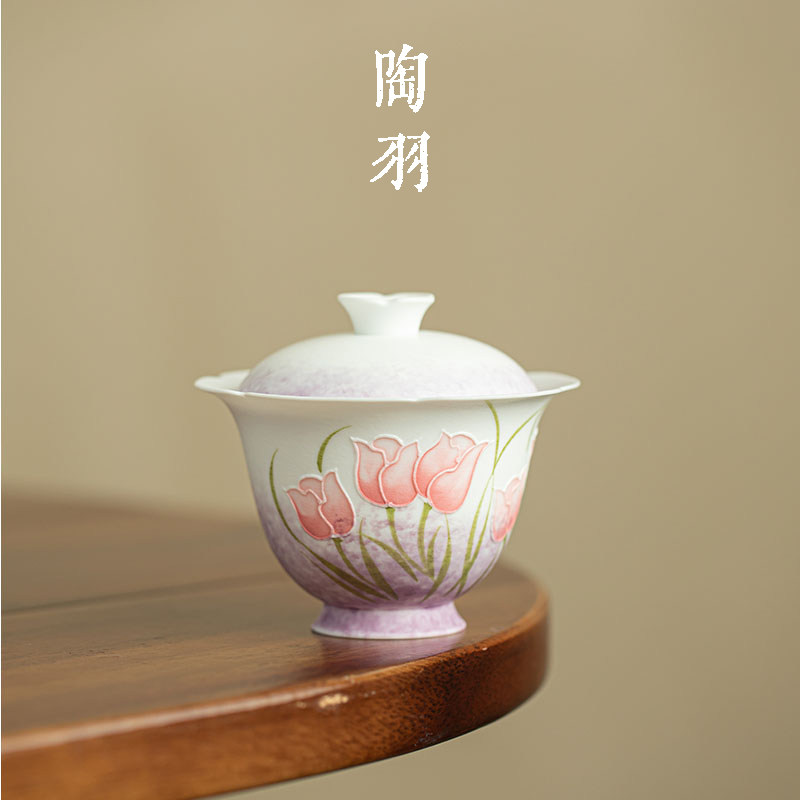 岩矿白郁金香高足花口二才盖碗家用防烫陶瓷茶碗功夫茶具泡茶碗