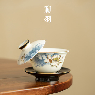 羊脂玉瓷妙色清欢悬停三才盖碗家用陶瓷泡茶碗防烫泡茶器功夫茶具