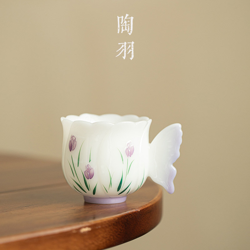 冰种璞玉瓷郁金香把手杯家用防烫陶瓷茶杯功夫茶具小鱼把主人杯