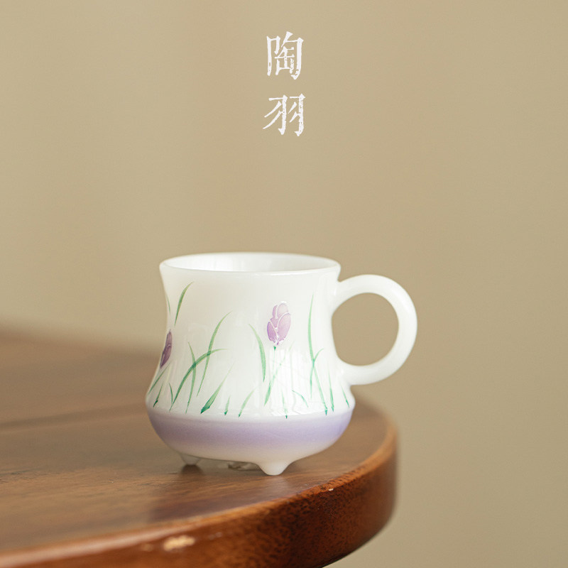 冰种璞玉瓷郁金香小耳把三足鼎立杯家用陶瓷茶杯功夫茶具品茗杯