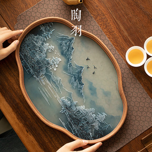 山水玻璃茶盤托盤復(fù)古竹制茶盤功夫茶具簡約茶室水果點心盤收納盤