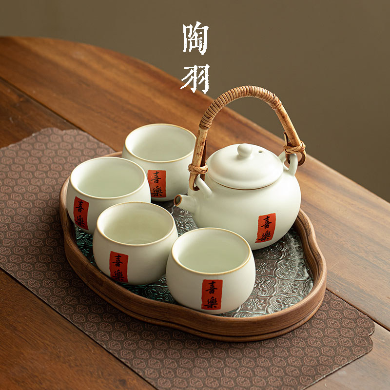 仿宋汝窑月白喜乐提梁壶小套组家用陶瓷茶壶功夫茶具一壶四杯套装