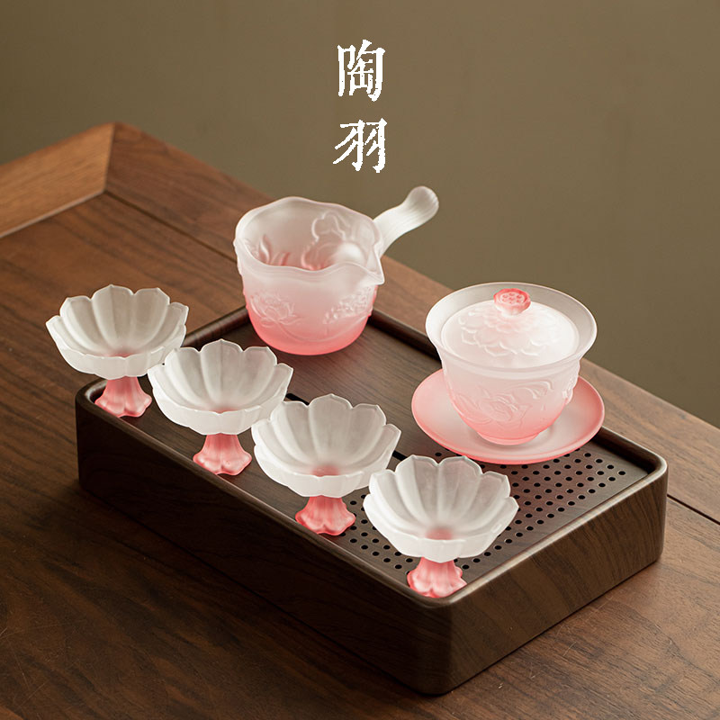 粉雾荷塘月色三才盖碗配四杯高档家用高温玻璃功夫茶具配竹茶盘