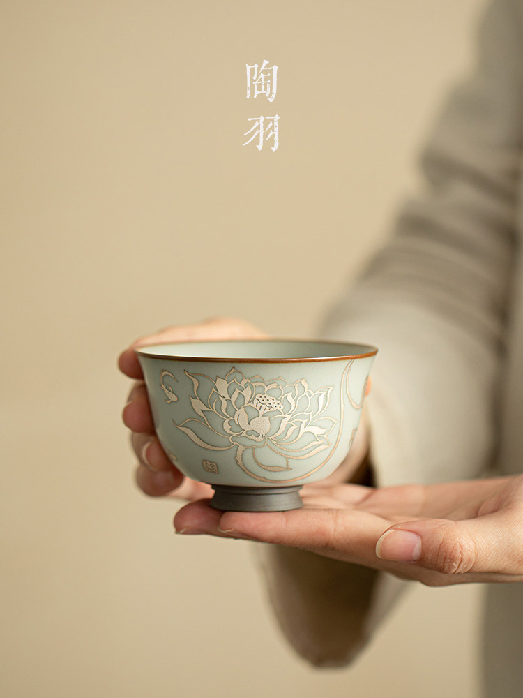 彷宋代汝窑莲花池清曲防口杯大师杯陶瓷茶杯个人茶杯功夫茶套装
