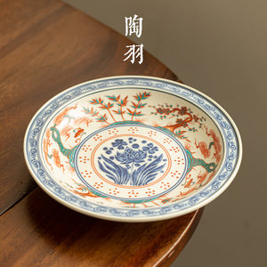 仿古瓷红绿彩岁寒三友壶承茶承干泡台盖碗茶托盘家用圆形茶壶托