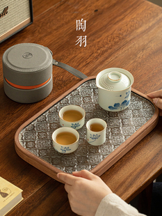 手绘荷花旅行茶具套装 备 家用陶瓷便携式 一壶三杯快客杯户外喝茶装