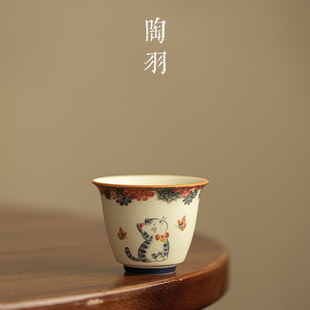 手绘猫咪反口杯主人杯复古家用功夫茶杯中式陶瓷闻香杯品茗杯单杯