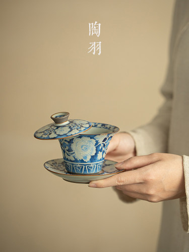 汝窑元青花悬停马蹄三才盖碗家用陶瓷泡茶碗防烫泡茶器功夫茶具