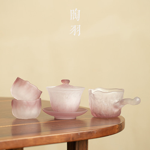 葡萄紫玻璃三才盖碗一壶两杯