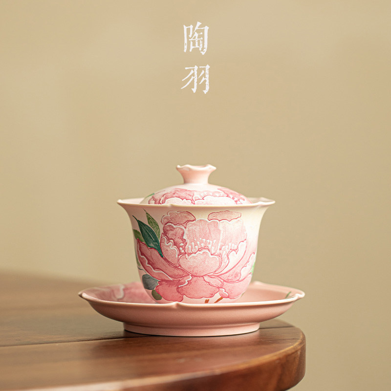 苏打烧富贵牡丹花汐三才盖碗陶瓷家用防烫泡茶碗功夫茶具泡茶器