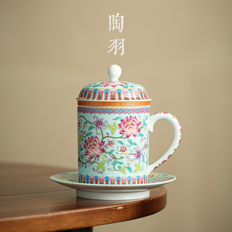 仿古珐琅彩莲华生香和气办公水杯家用防烫陶瓷茶杯高档精致咖啡杯