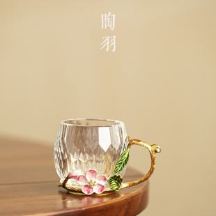 珐琅彩桃花水晶磨切把手杯茶杯主人杯耐高温功夫茶具单杯品茗杯