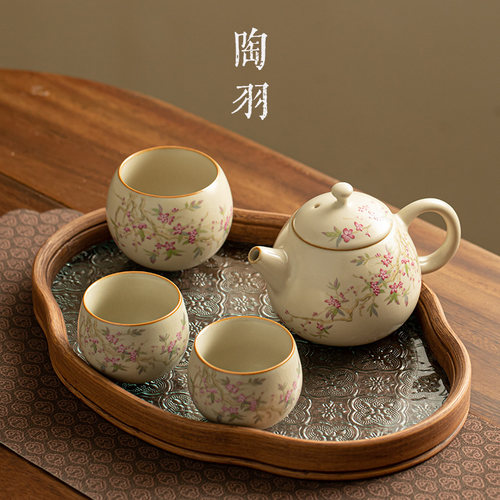 米黄汝窑陶瓷功夫茶具一壶三杯