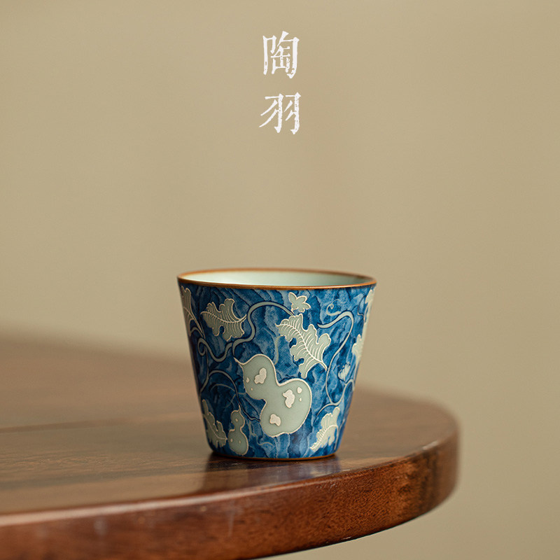 仿宋汝窑元青花葫芦斜平杯陶瓷茶杯家用高档主人杯个人专用品茗杯