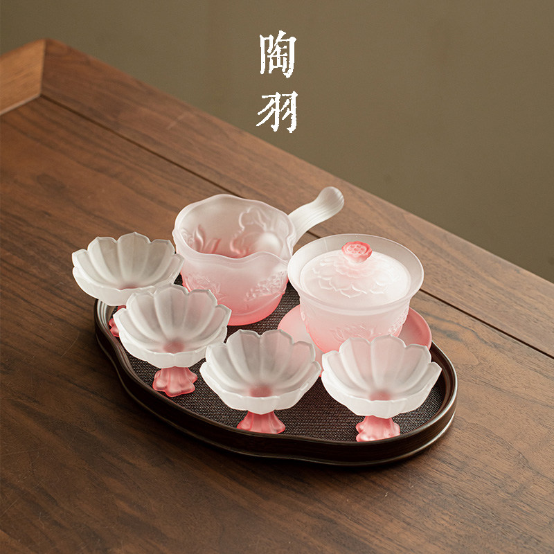 粉雾荷塘月色三才盖碗配四杯家用创意高温玻璃茶杯功夫茶具小套组