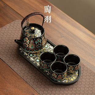 敦煌金银错提梁壶一壶四杯泡茶器家用陶瓷茶壶茶杯功夫茶具小套组