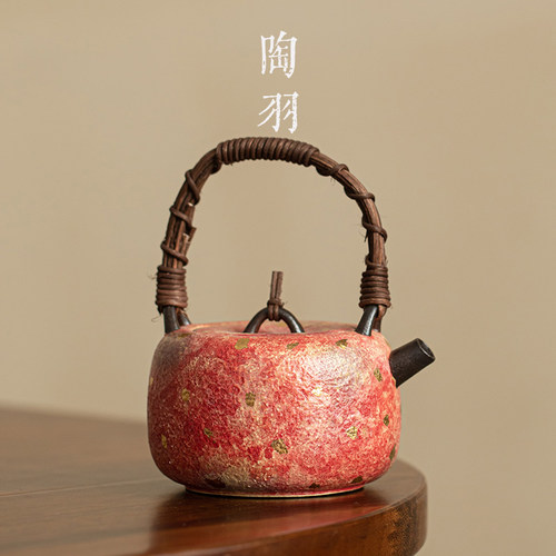 岩矿彩陶斑斓红提梁壶功夫茶具