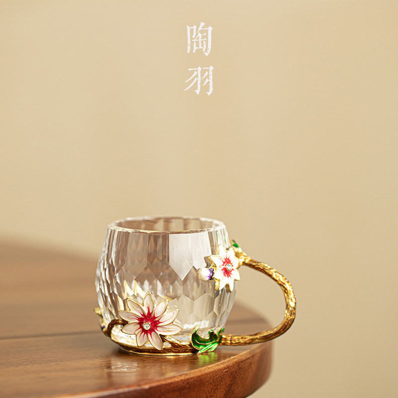 珐琅彩雏菊水晶磨切把手杯