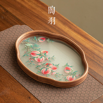 如意九桃玻璃干泡盘托盘中式小型茶点盘家用盖碗壶承壶托收纳盘子