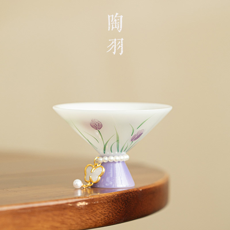 冰种璞玉瓷郁金香高足斗笠杯家用防烫陶瓷茶杯功夫茶具单杯品茗杯